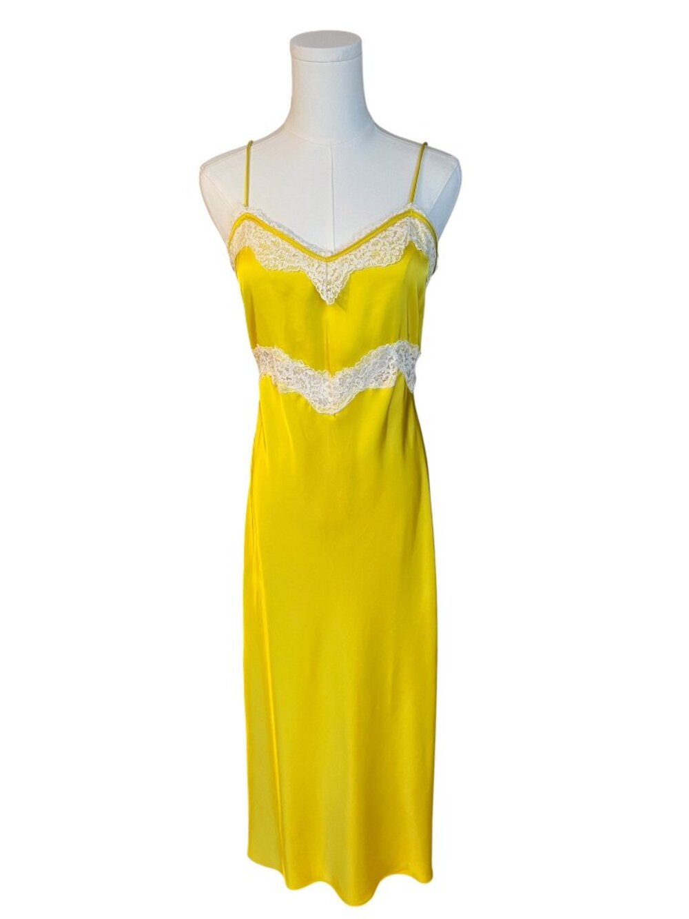 Zara Yellow Satin Lace Trim Slip Midi Dress | Size S